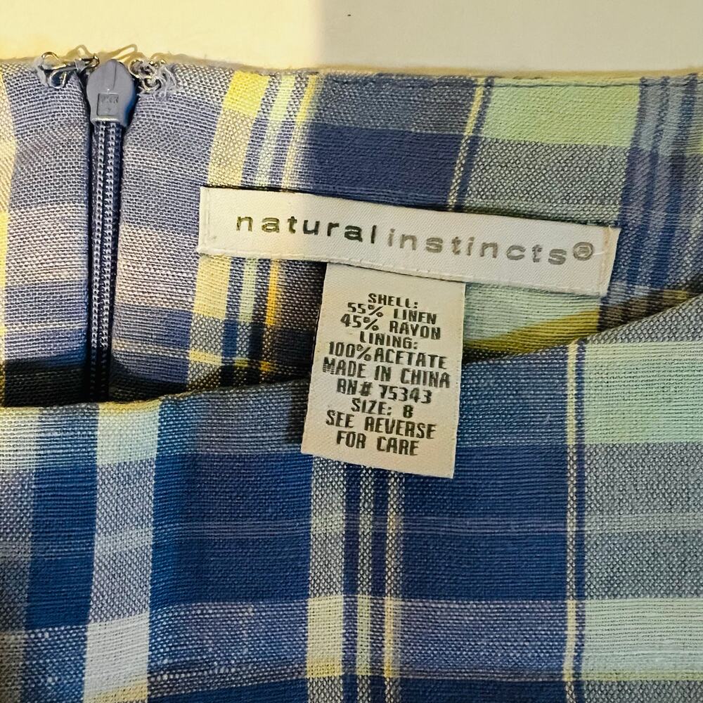 Natural Instincts Linen Blend Plaid Sleeveless Sheath Dress Size 8 Blue - Picture 3 of 6